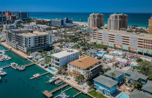 aerial view featuring a water view and a city view