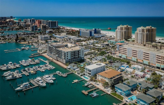 bird's eye view featuring a water view and a city view