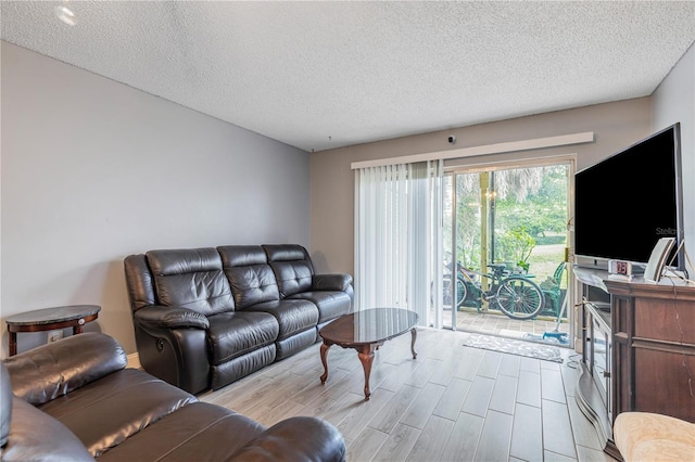 living area with a textured ceiling and light wood finished floors