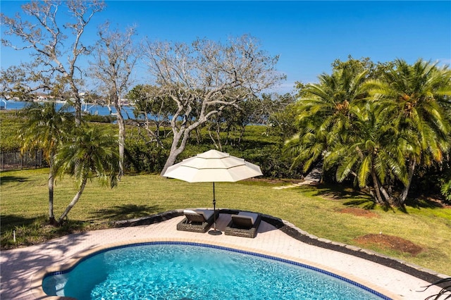 pool featuring a patio area and a lawn