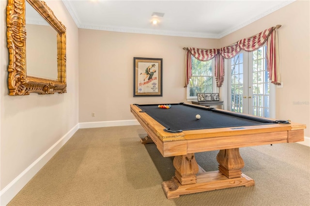 playroom featuring baseboards, carpet, ornamental molding, and pool table