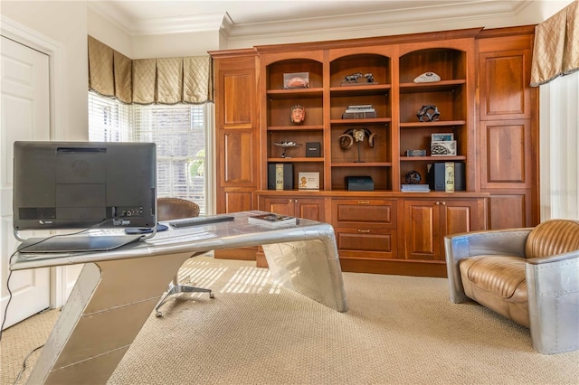 home office featuring light carpet and ornamental molding