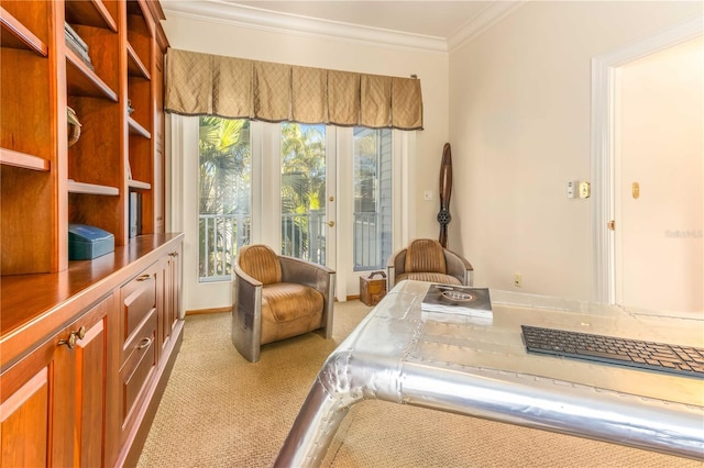 carpeted bedroom with access to exterior and crown molding