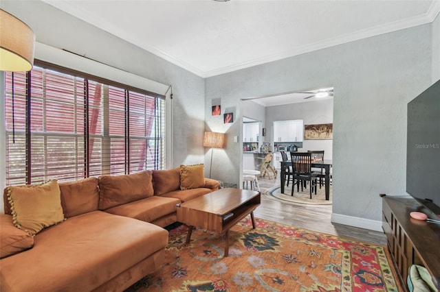 living area featuring a ceiling fan, wood finished floors, baseboards, and ornamental molding