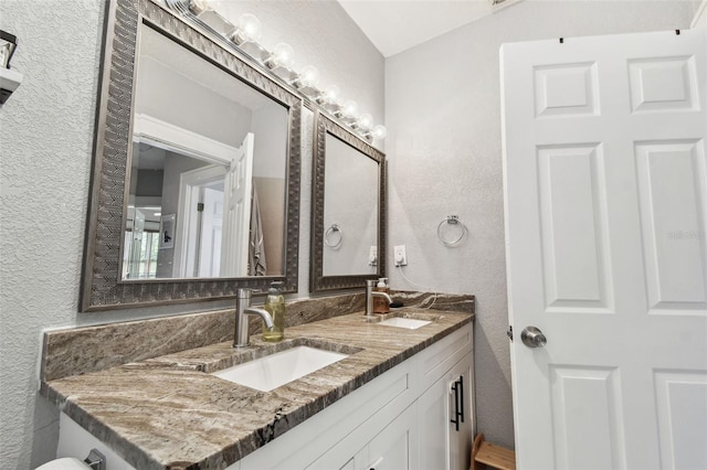 bathroom with a sink, double vanity, and a textured wall