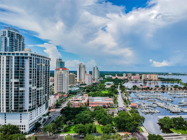 bird's eye view featuring a view of city and a water view