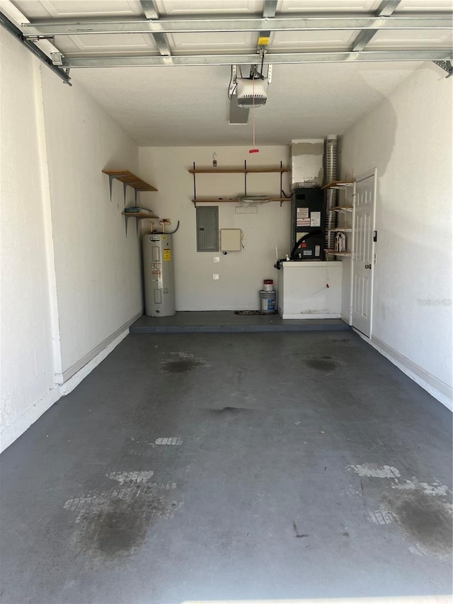 garage with water heater, heating unit, electric panel, and a garage door opener