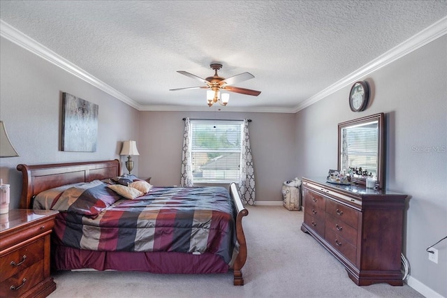bedroom featuring a textured ceiling, light colored carpet, baseboards, and ornamental molding
