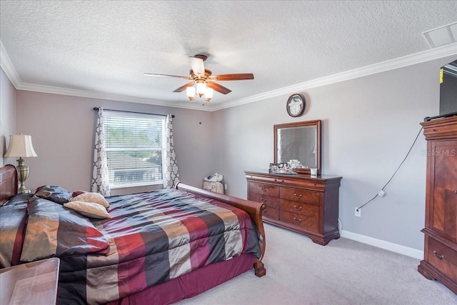 bedroom with baseboards, light colored carpet, and crown molding