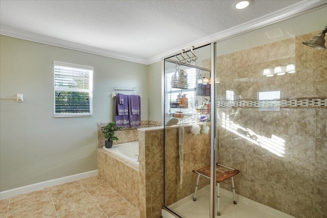bathroom featuring a tile shower, ornamental molding, tile patterned flooring, a textured ceiling, and a garden tub