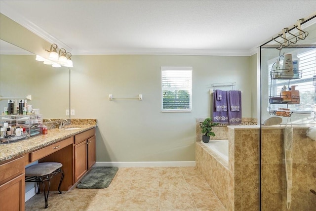 full bath featuring tile patterned flooring, baseboards, a garden tub, ornamental molding, and vanity