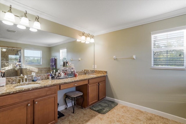 full bath featuring double vanity, a shower stall, and a sink