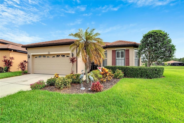 view of front facade featuring stucco siding, an attached garage, concrete driveway, and a front lawn