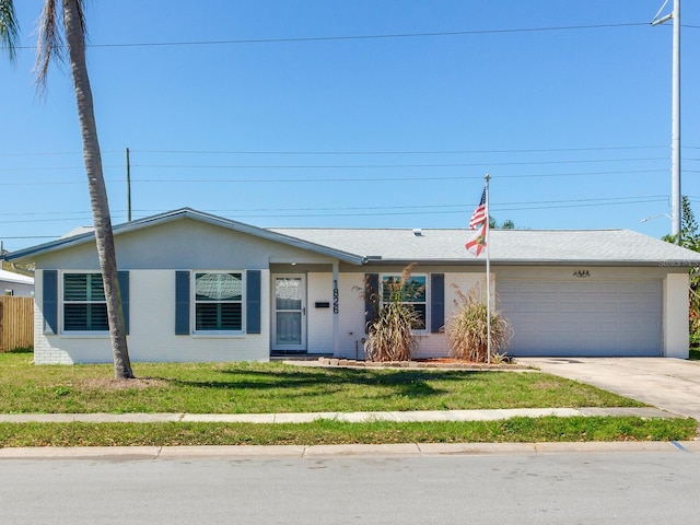 ranch-style home featuring brick siding, concrete driveway, an attached garage, fence, and a front yard