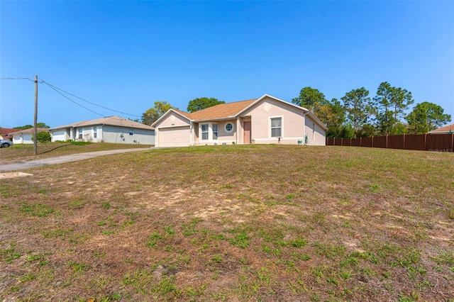 single story home with stucco siding, a front lawn, and fence