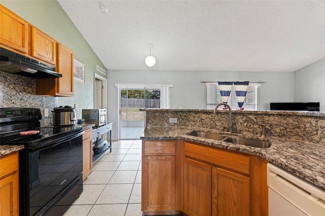 kitchen featuring light tile patterned floors, electric range, white dishwasher, a sink, and under cabinet range hood