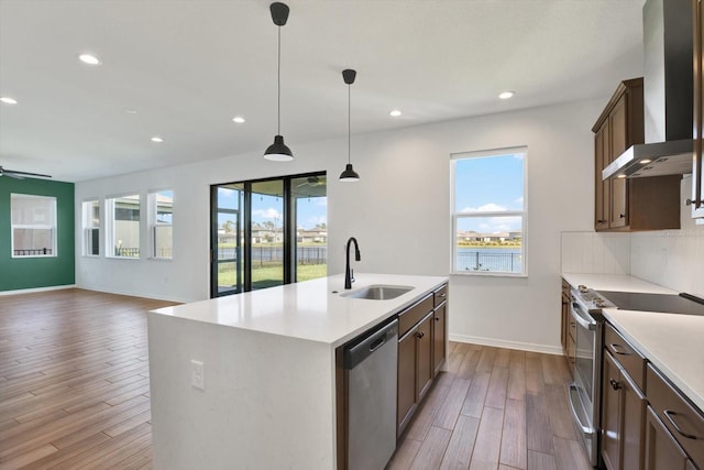 kitchen featuring a sink, wood finished floors, appliances with stainless steel finishes, wall chimney range hood, and decorative backsplash