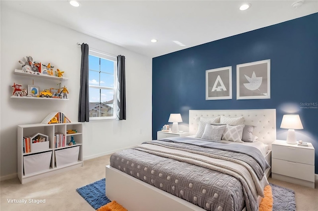 bedroom featuring recessed lighting, baseboards, and carpet floors