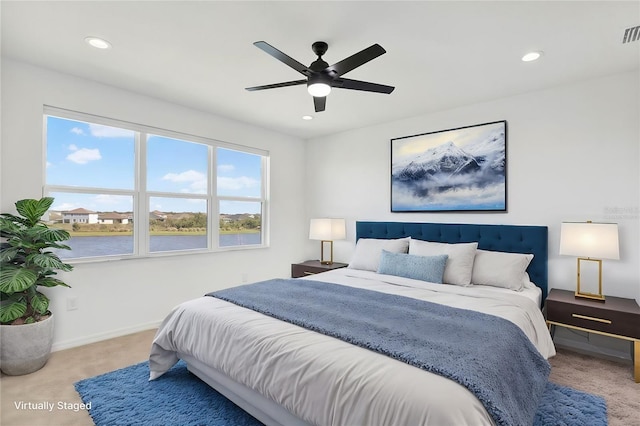 bedroom featuring recessed lighting, visible vents, baseboards, and carpet flooring