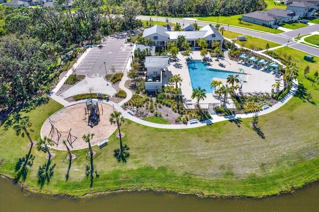 drone / aerial view featuring a water view