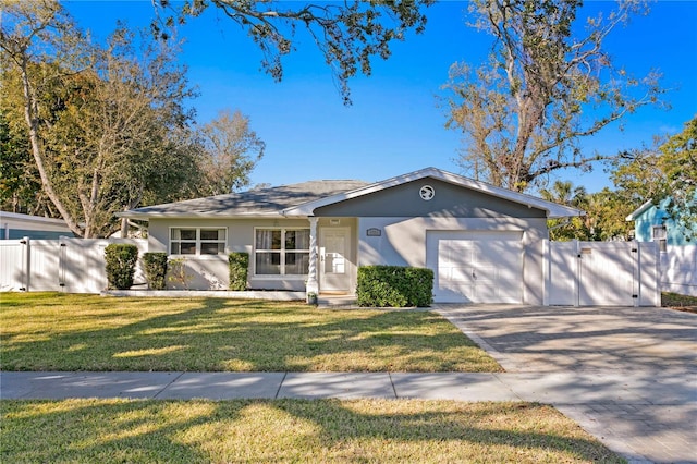 ranch-style home with a garage, driveway, stucco siding, a gate, and a front yard