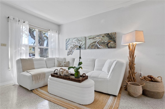 living area featuring speckled floor