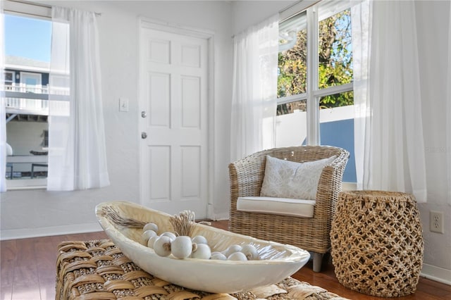 living area featuring baseboards and wood finished floors