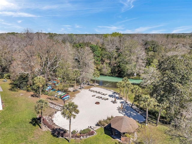 aerial view featuring a wooded view