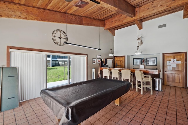 playroom with beamed ceiling, visible vents, wood ceiling, billiards, and tile patterned floors