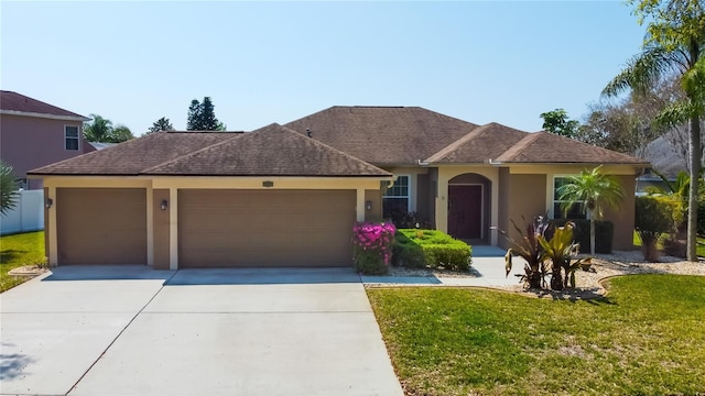 single story home featuring a shingled roof, a front lawn, concrete driveway, stucco siding, and an attached garage