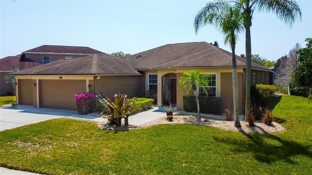 single story home featuring a shingled roof, stucco siding, concrete driveway, a front lawn, and a garage