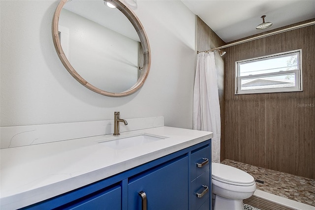 bathroom with tiled shower, vanity, and toilet