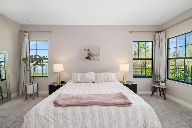 carpeted bedroom with multiple windows and baseboards