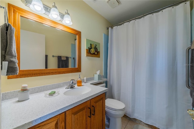 full bath with toilet, tile patterned floors, a shower with shower curtain, and vanity