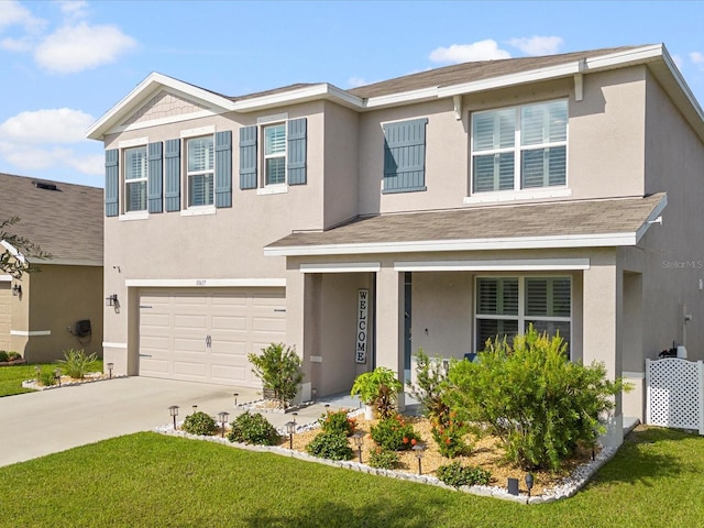 view of front of house with a porch, a front yard, concrete driveway, and stucco siding