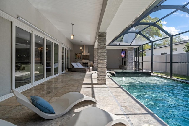 view of pool with a fenced in pool, a patio, glass enclosure, and fence