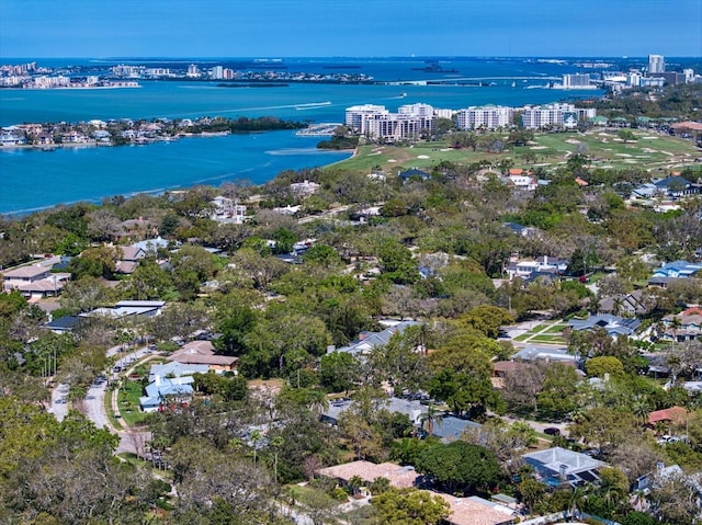 bird's eye view with a water view