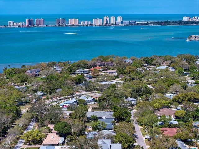 bird's eye view with a water view