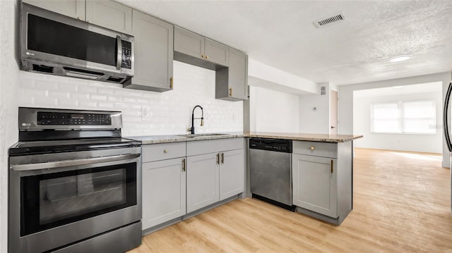 kitchen featuring a peninsula, stainless steel appliances, gray cabinetry, light wood-type flooring, and a sink