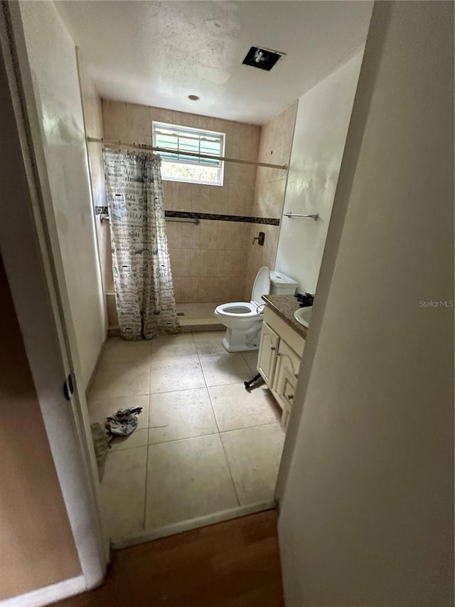 bathroom with toilet, a stall shower, and vanity