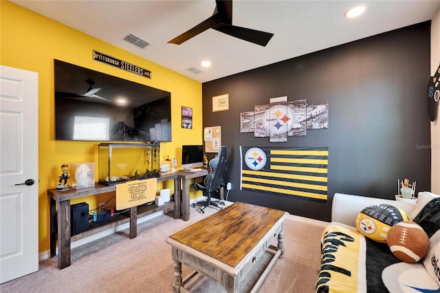 carpeted home office featuring recessed lighting, a ceiling fan, and visible vents