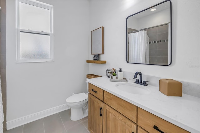 bathroom featuring baseboards, toilet, tile patterned floors, curtained shower, and vanity