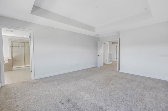 spare room featuring baseboards, a tray ceiling, and light colored carpet