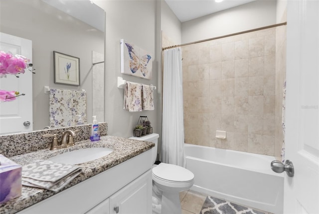 full bathroom with tile patterned flooring, shower / bath combination with curtain, toilet, and vanity
