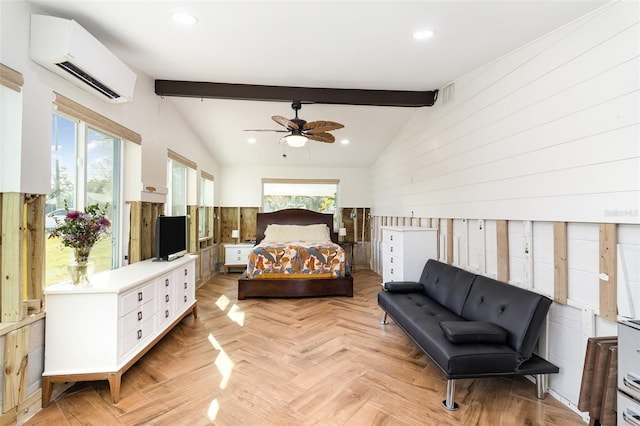 bedroom featuring vaulted ceiling with beams, recessed lighting, an AC wall unit, and visible vents