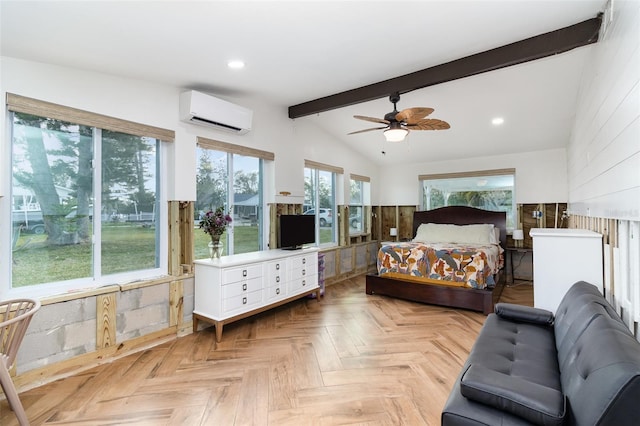 bedroom with lofted ceiling with beams, a ceiling fan, recessed lighting, and a wall mounted AC