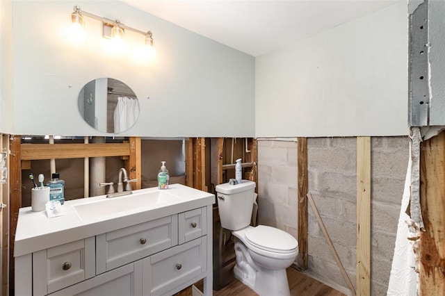 bathroom featuring vanity, toilet, and wood finished floors