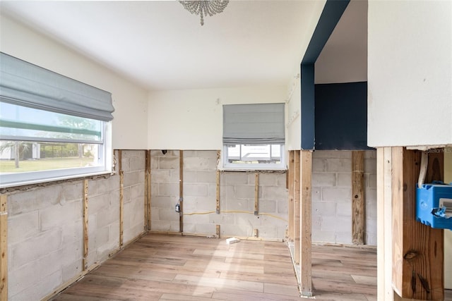 interior space with a healthy amount of sunlight, wood finished floors, and concrete block wall