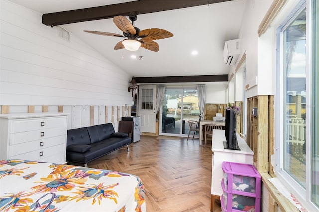 bedroom with visible vents, vaulted ceiling with beams, wood walls, an AC wall unit, and access to outside