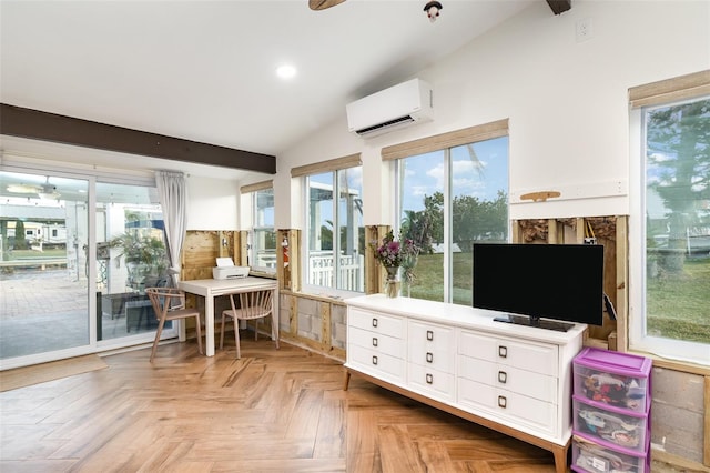 interior space with recessed lighting, vaulted ceiling with beams, a wall mounted AC, and a ceiling fan